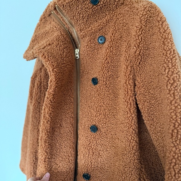 NWT J.Crew Villa Coat Teddy Sherpa Mid Length Adobe Clay Brown sz 8 zip button - Picture 5 of 15